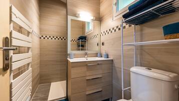 A bathroom with a toilet, sink, and a mirror.