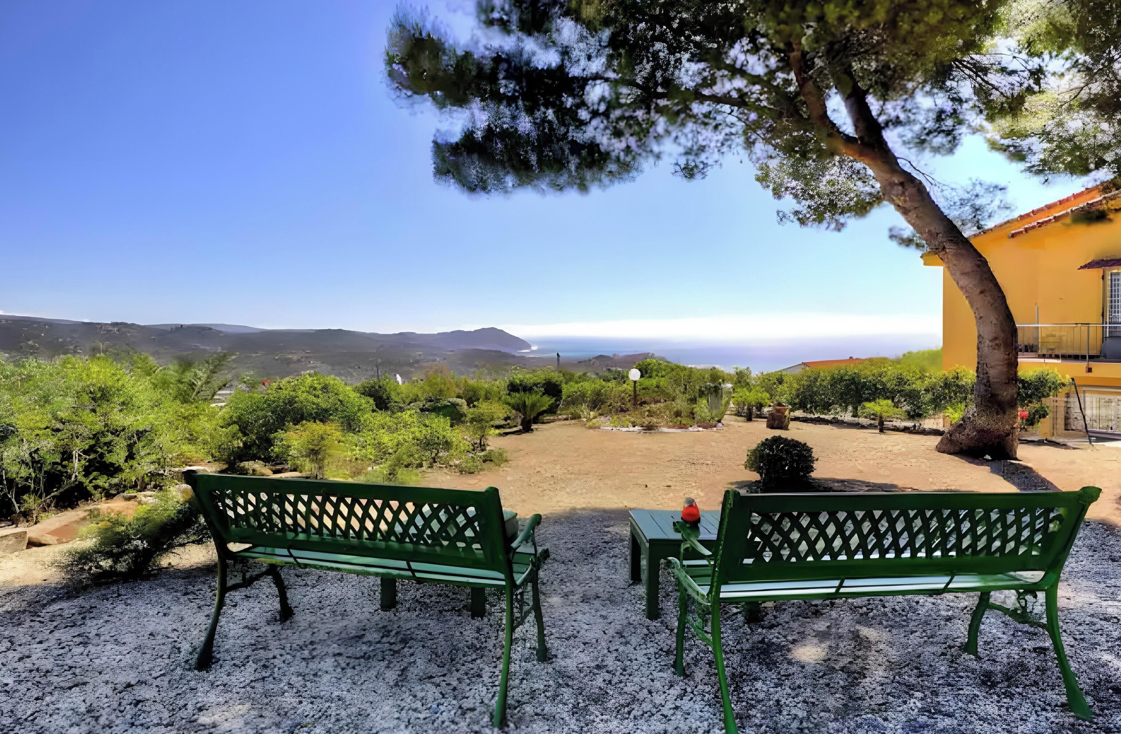 Une vue d’un paysage côtier avec un banc et une table au premier plan, un bâtiment jaune sur la droite et un ciel dégagé.