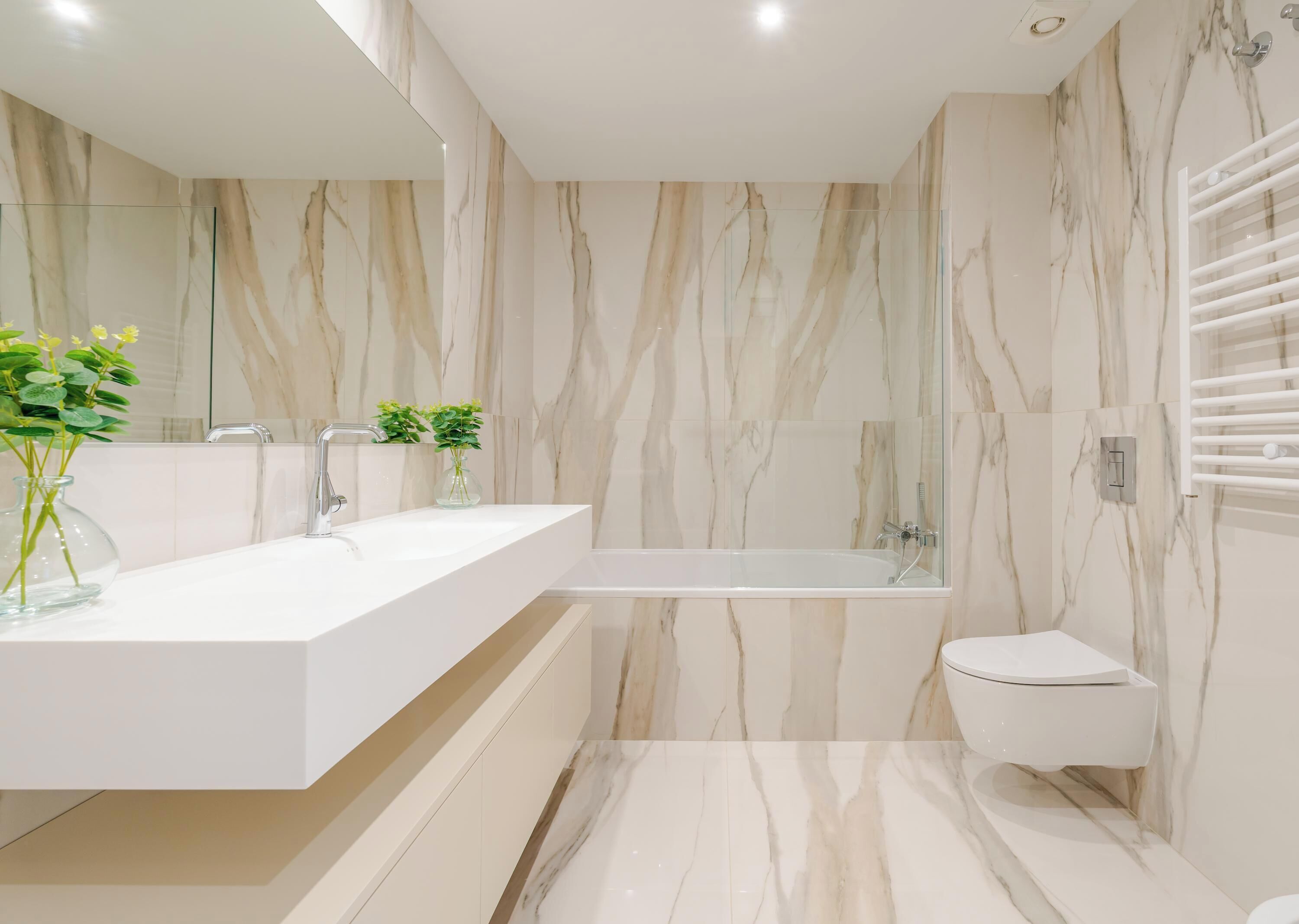Shower, hair dryer, towels, shampoo
