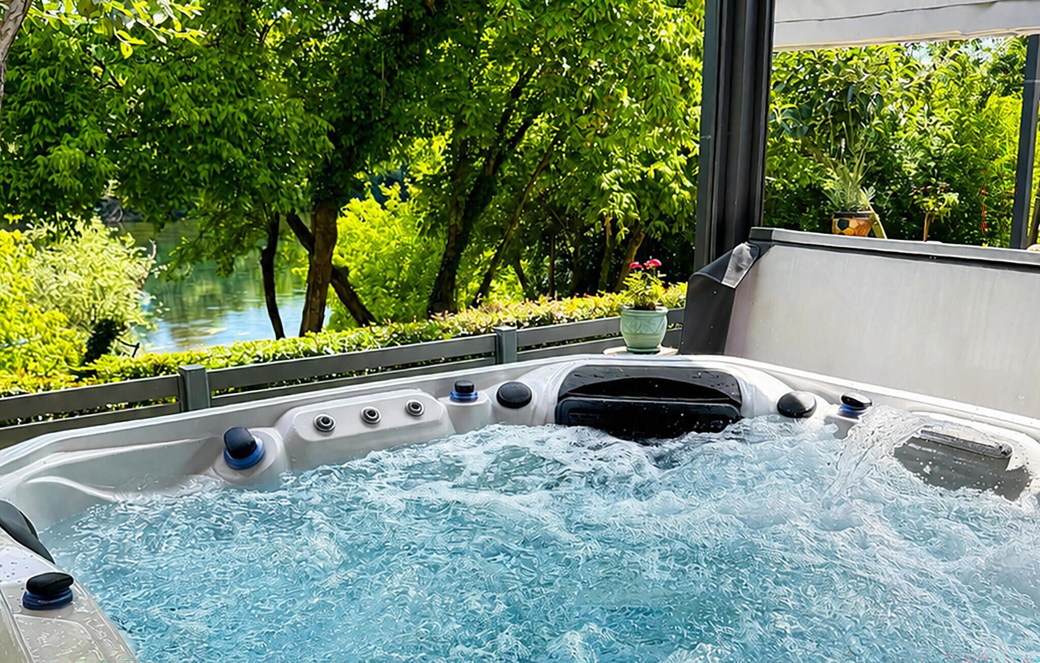 A hot tub with a view of a lush garden and a body of water.
