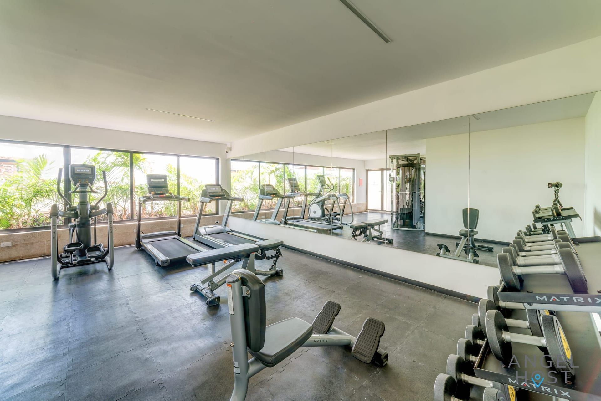 Un gimnasio moderno con cintas de correr, elípticas y pesas libres.