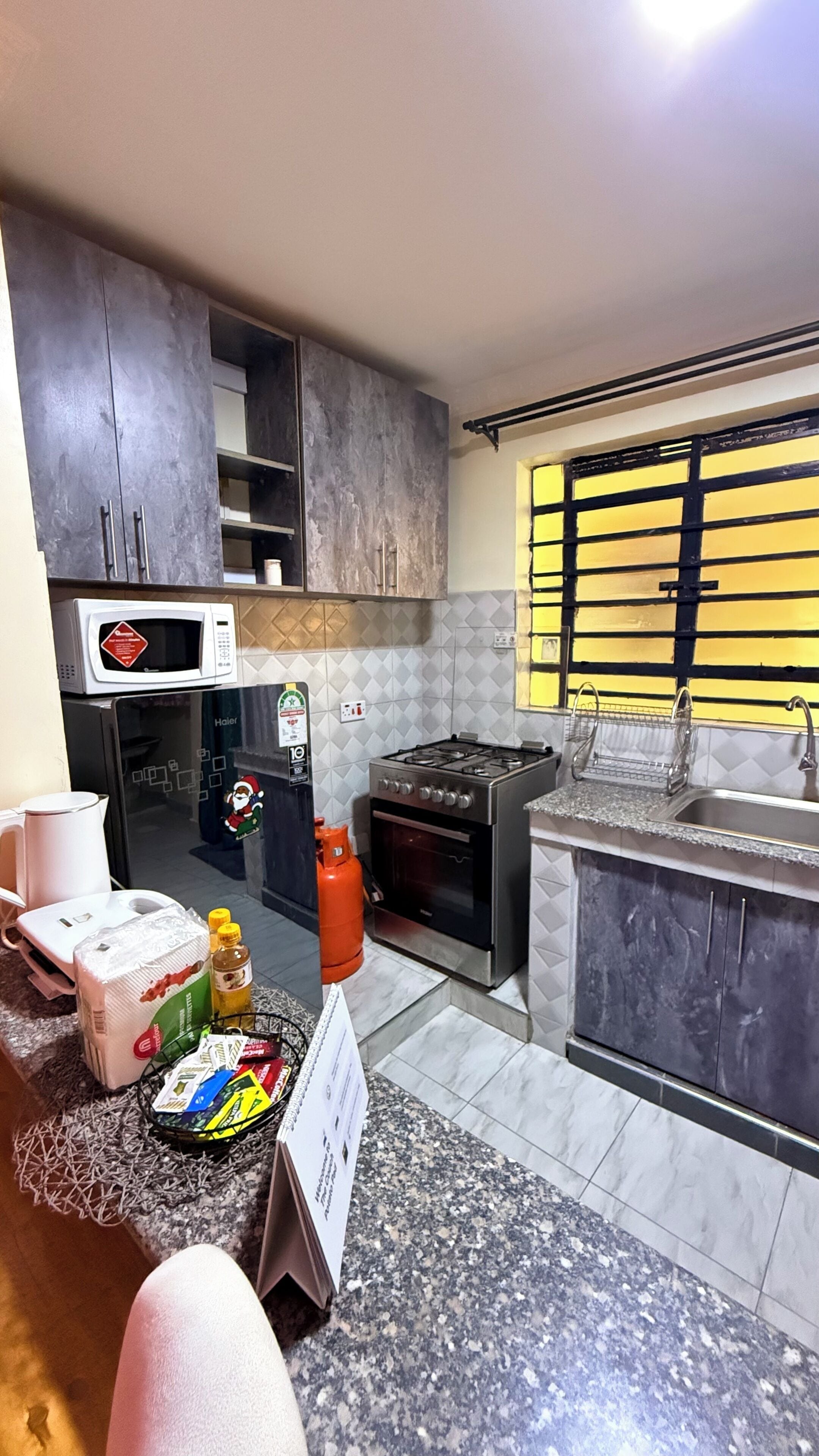 Fridge, microwave, oven, electric kettle