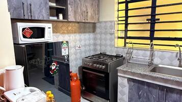 Fridge, microwave, oven, electric kettle
