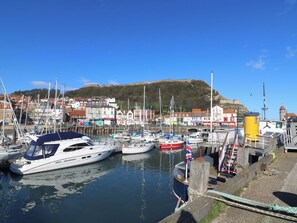A marina with boats docked, a hill in the background, and buildings along the waterfront. - 42 Oak Green (Filey)