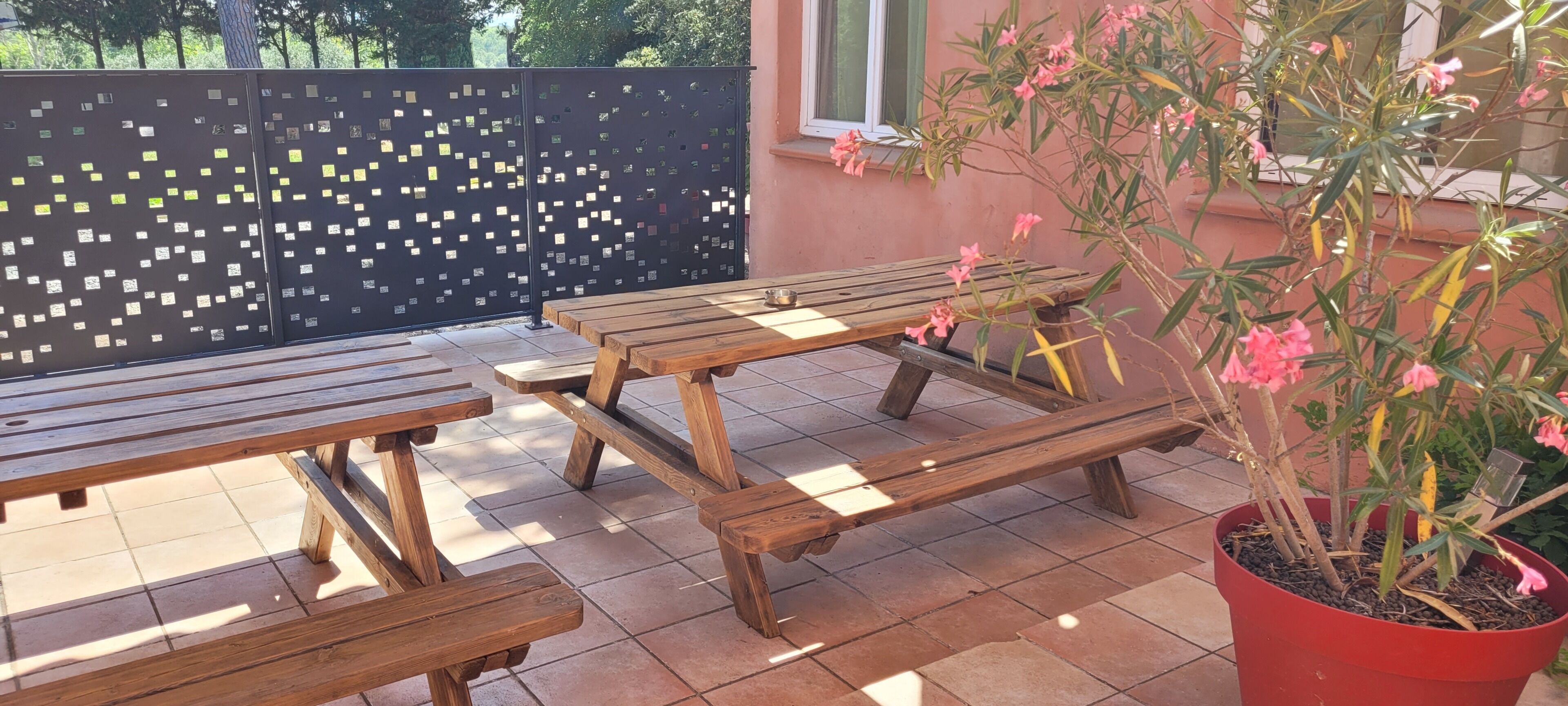 Des bancs en bois installés à l’extérieur et un pot de fleurs orné de fleurs roses.