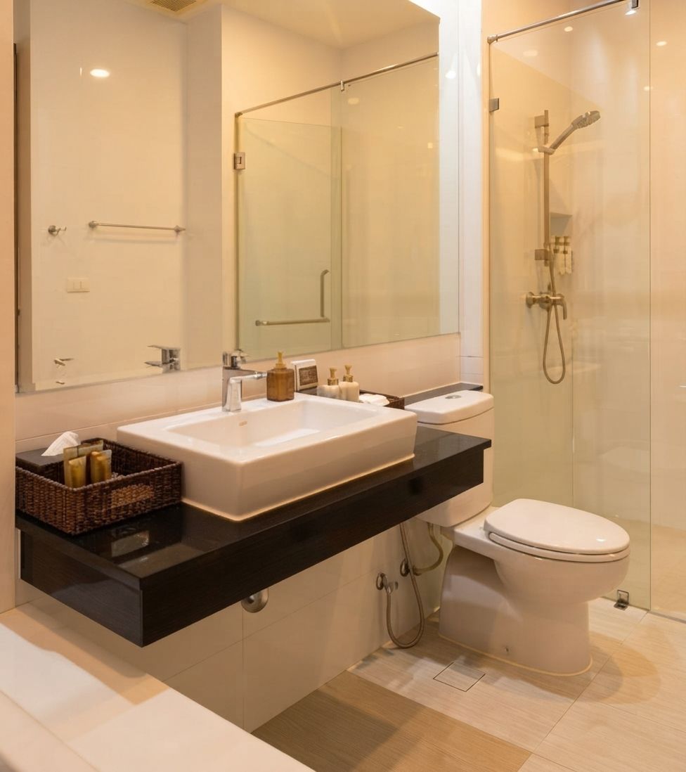 A modern bathroom with a large mirror, a white sink, a toilet, and a glass-enclosed shower area.