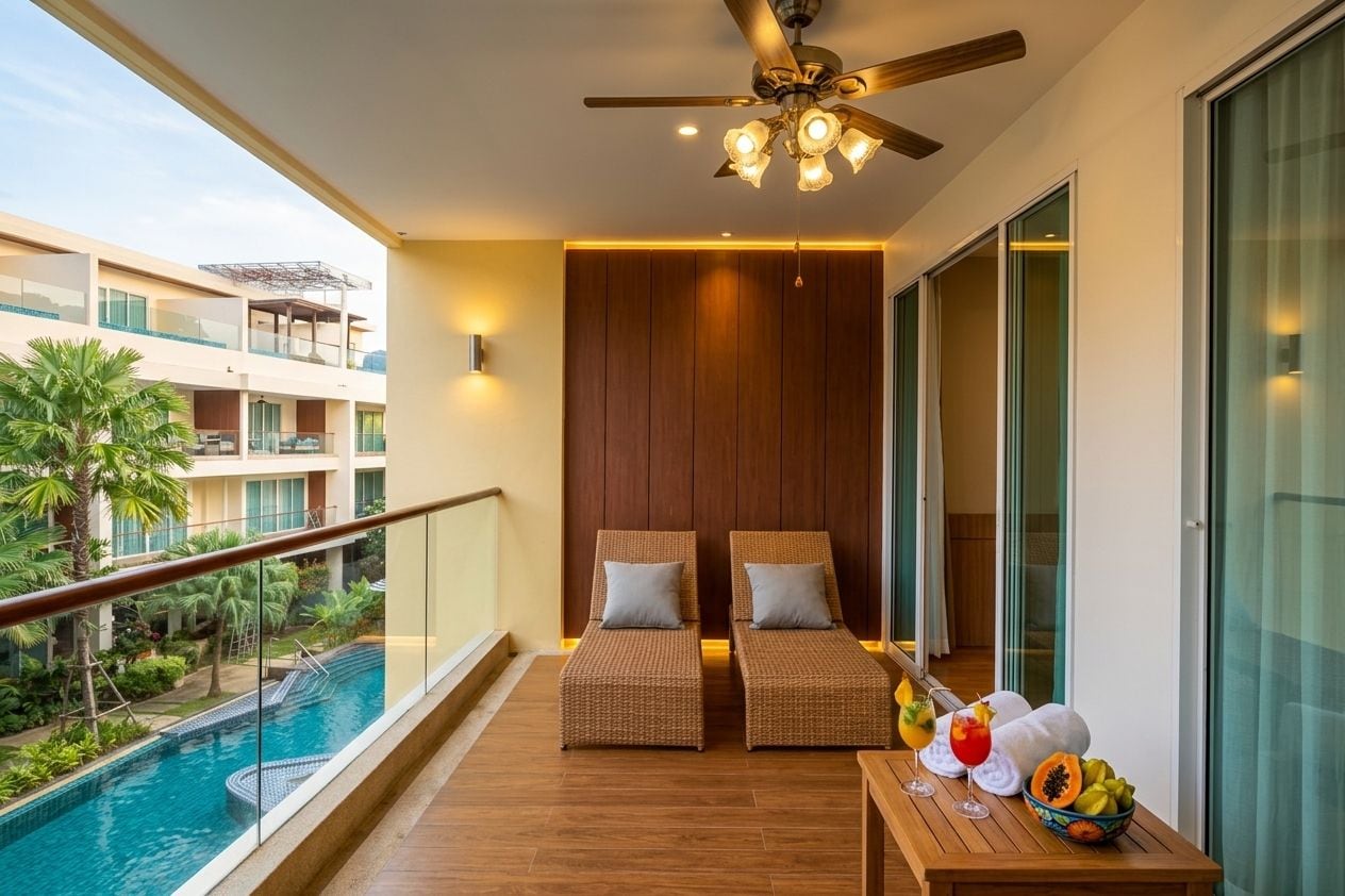 A balcony with a pool, two lounge chairs, a ceiling fan, and a table with fruit and drinks.
