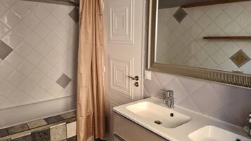 Hair dryer, towels, soap, toilet paper