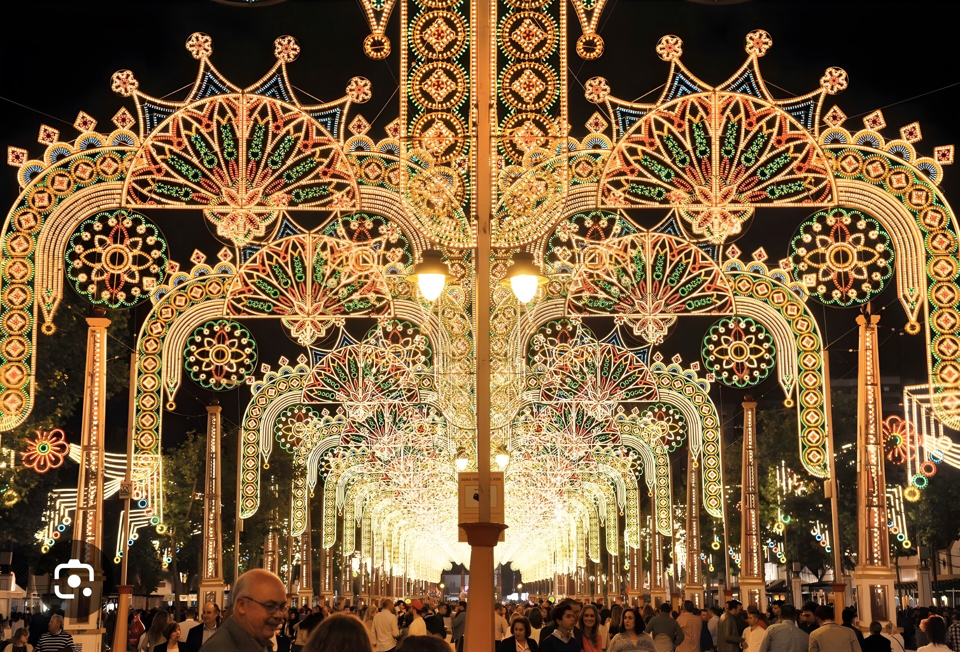 A crowded public space with ornate, illuminated structures.