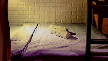 A bunk bed with a brick-patterned headboard, a single bed with a white sheet, and a wooden ladder.