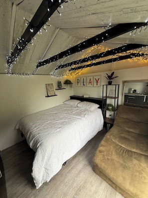 Un dormitorio con cama, un sofá, un estante en la pared con plantas y luces colgantes en el techo.