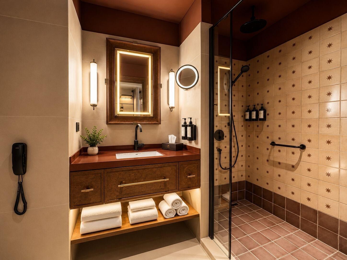 Shower, hair dryer, slippers, towels