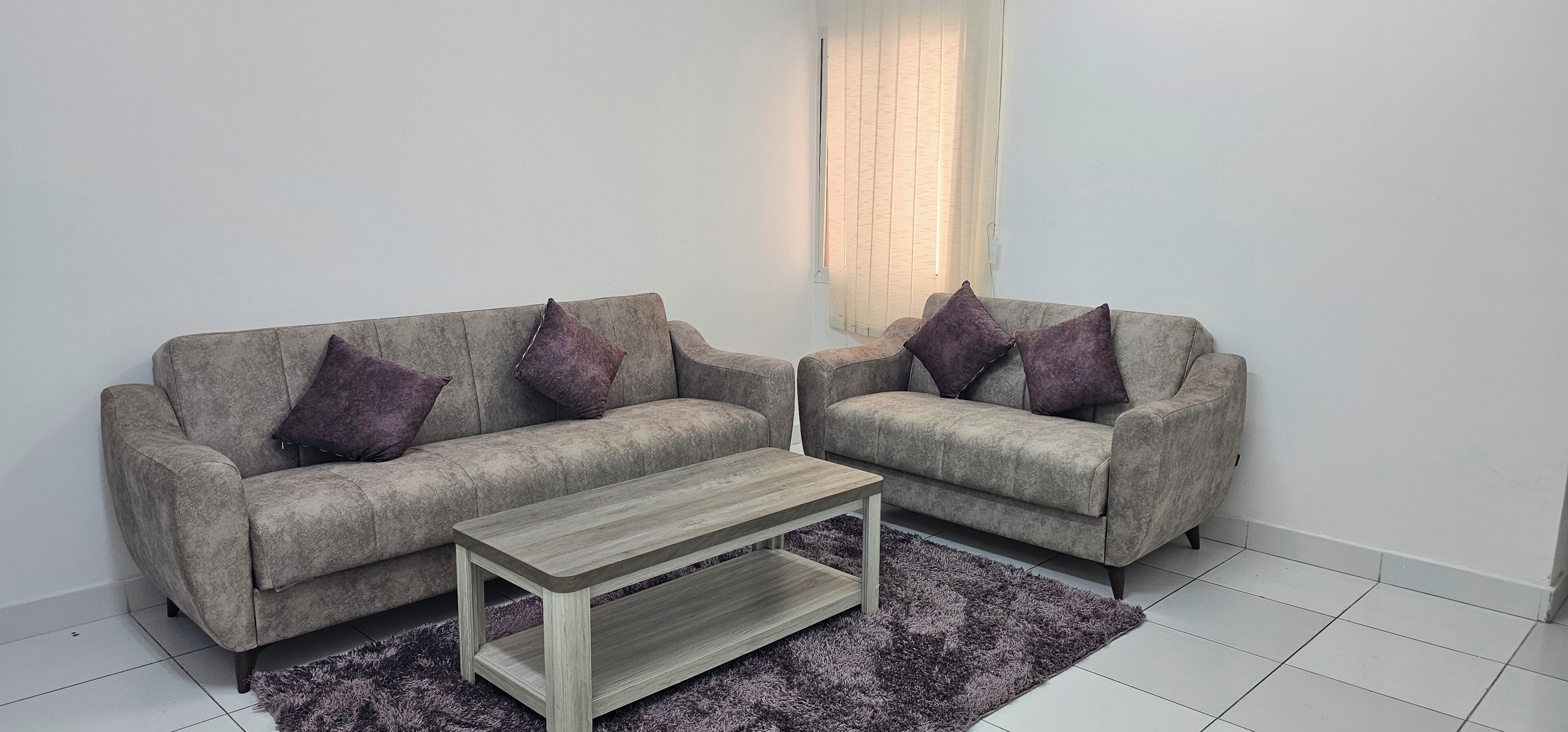 A modern living room with two grey sofas, each with a purple cushion, a wooden coffee table, and a purple shag rug.