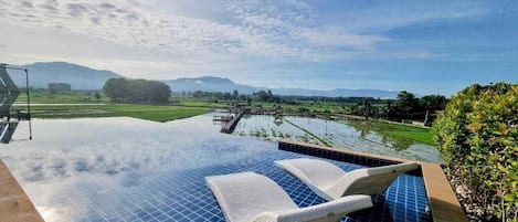 An infinity pool with lounge chairs, surrounded by a landscaped garden and a view of distant mountains.