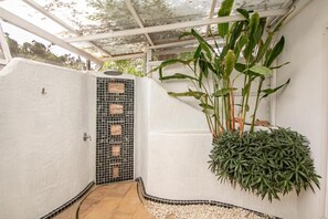Un espacio al aire libre cubierto con un muro de baldosas, una planta colgante y piso de madera.