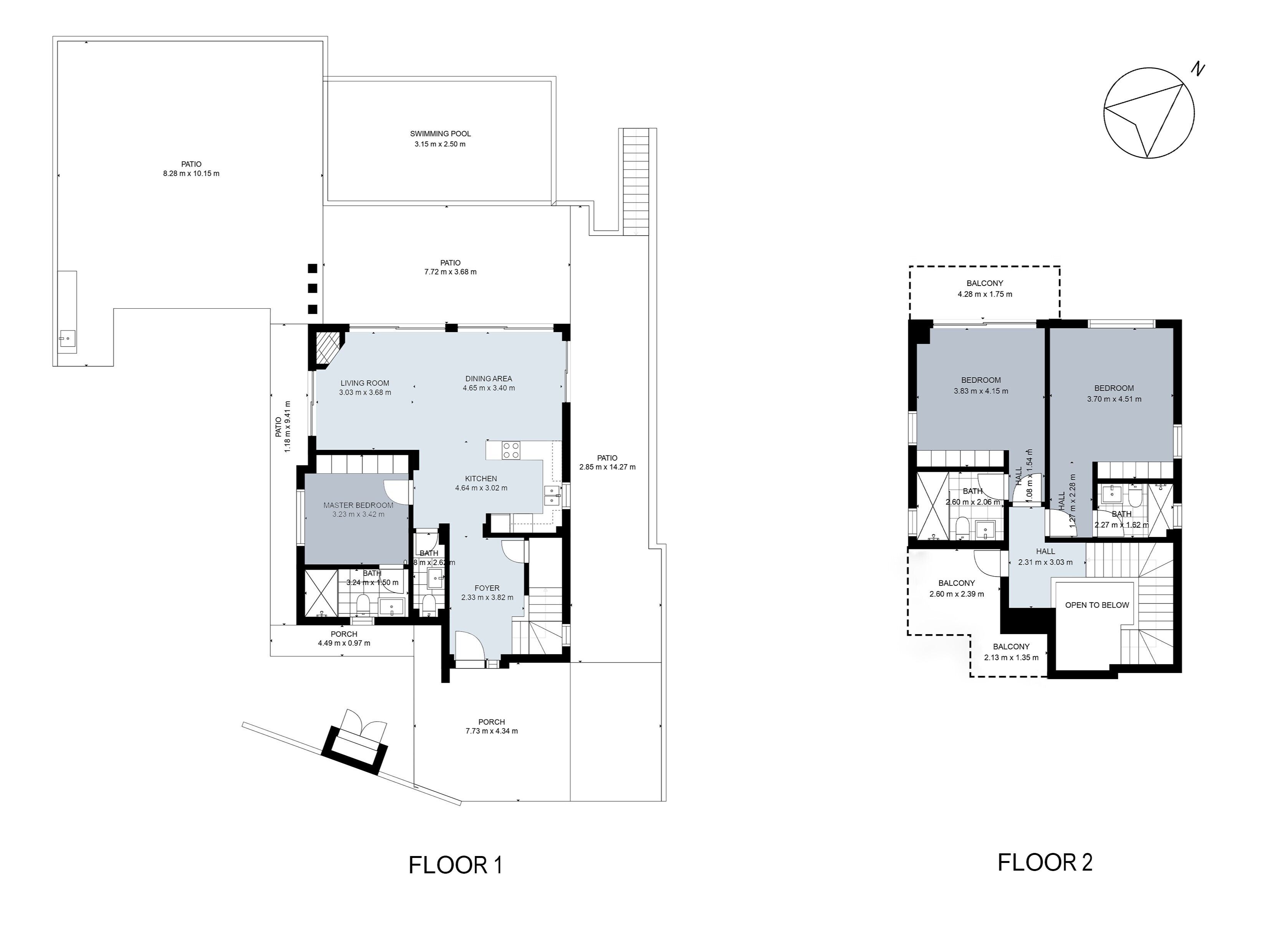A floor plan of a two-story building with a swimming pool, dining area, kitchen, master bedroom, living room, patio, balcony, and various bathrooms.