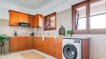 A kitchen with wooden cabinets, a washing machine, a coffee maker, and a potted plant.
