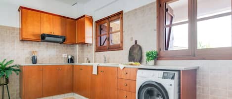 Una cocina con armarios de madera, lavadora, cafetera y una planta en maceta.