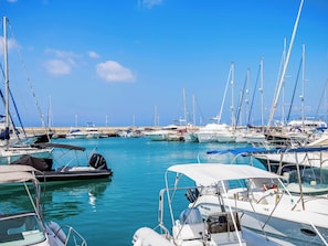 A marina with various boats docked.
