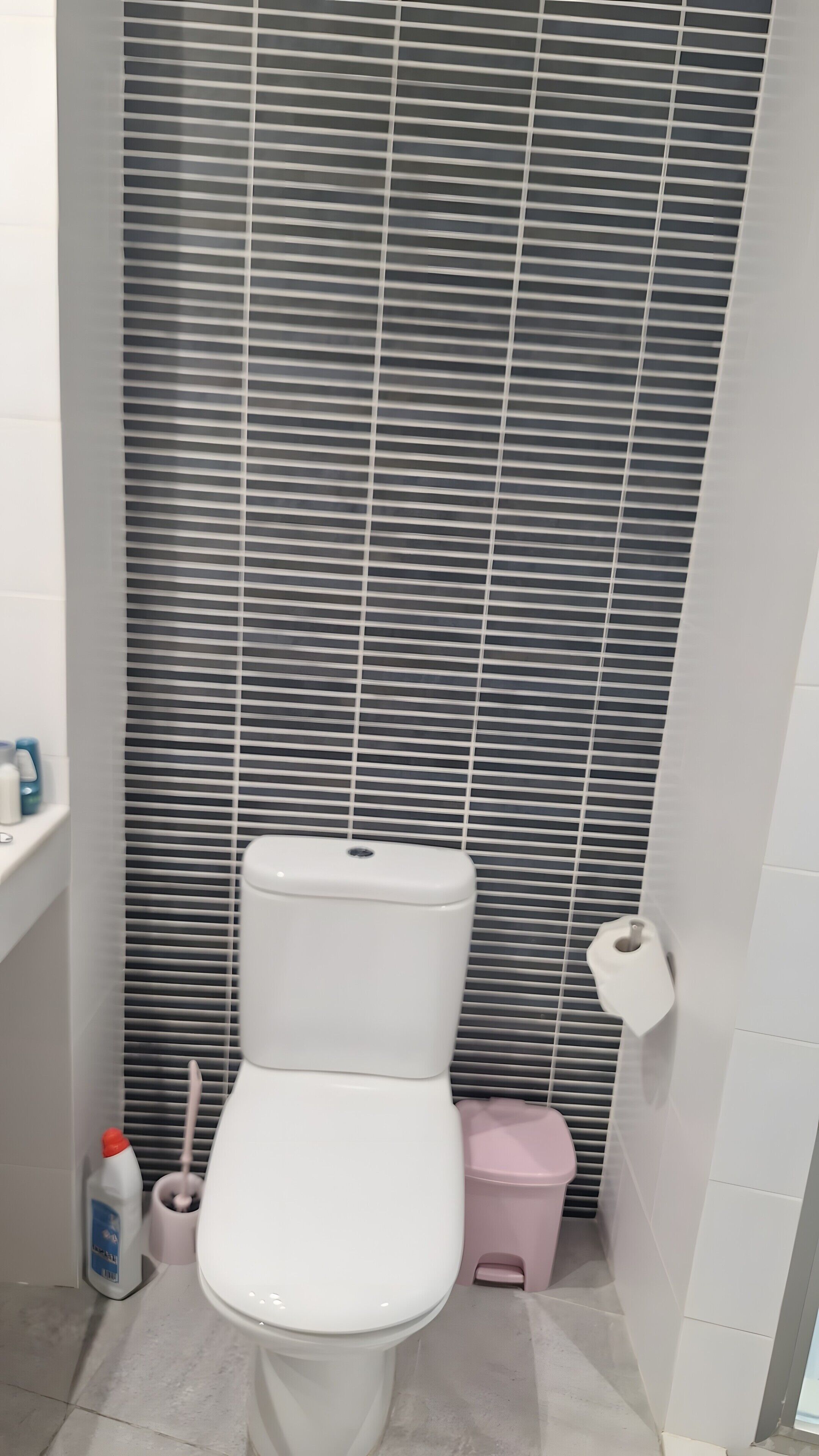 A bathroom with a toilet, a pink trash bin, a white toilet paper holder, and a bottle of cleaning product.