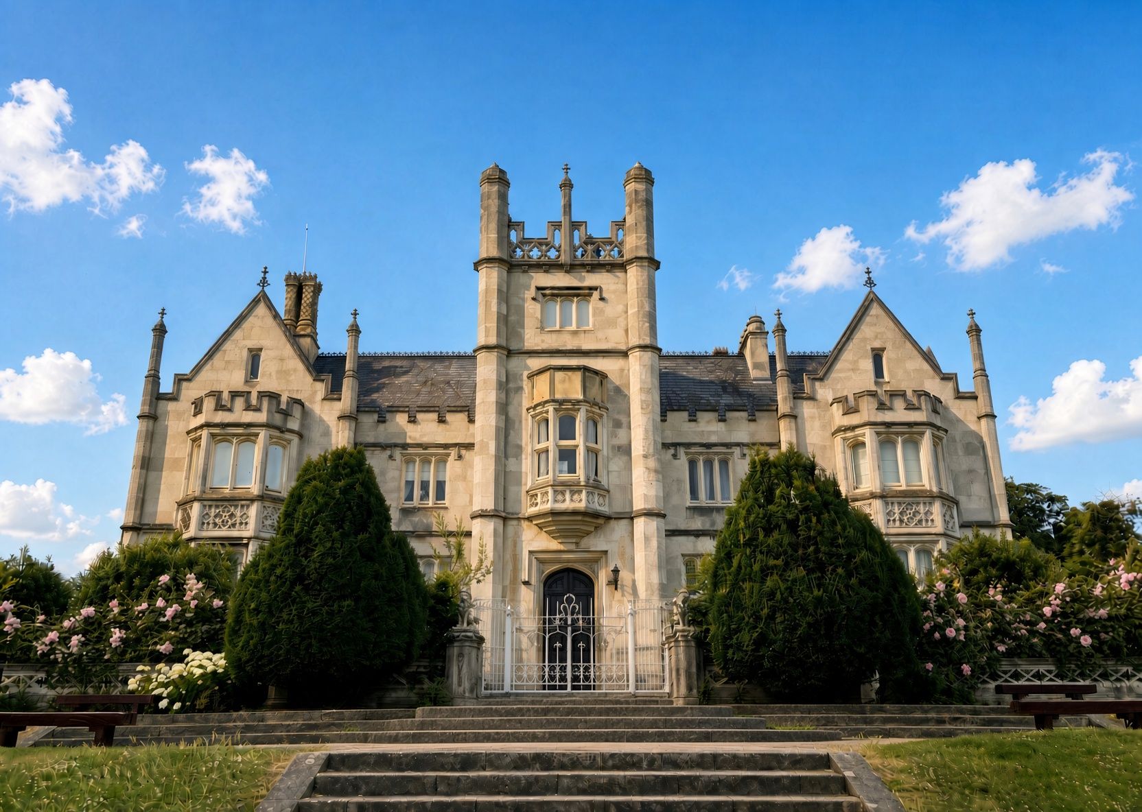 Un grand bâtiment historique à la façade symétrique, doté de nombreuses cheminées et d’une entrée centrale avec une porte grillagée.
