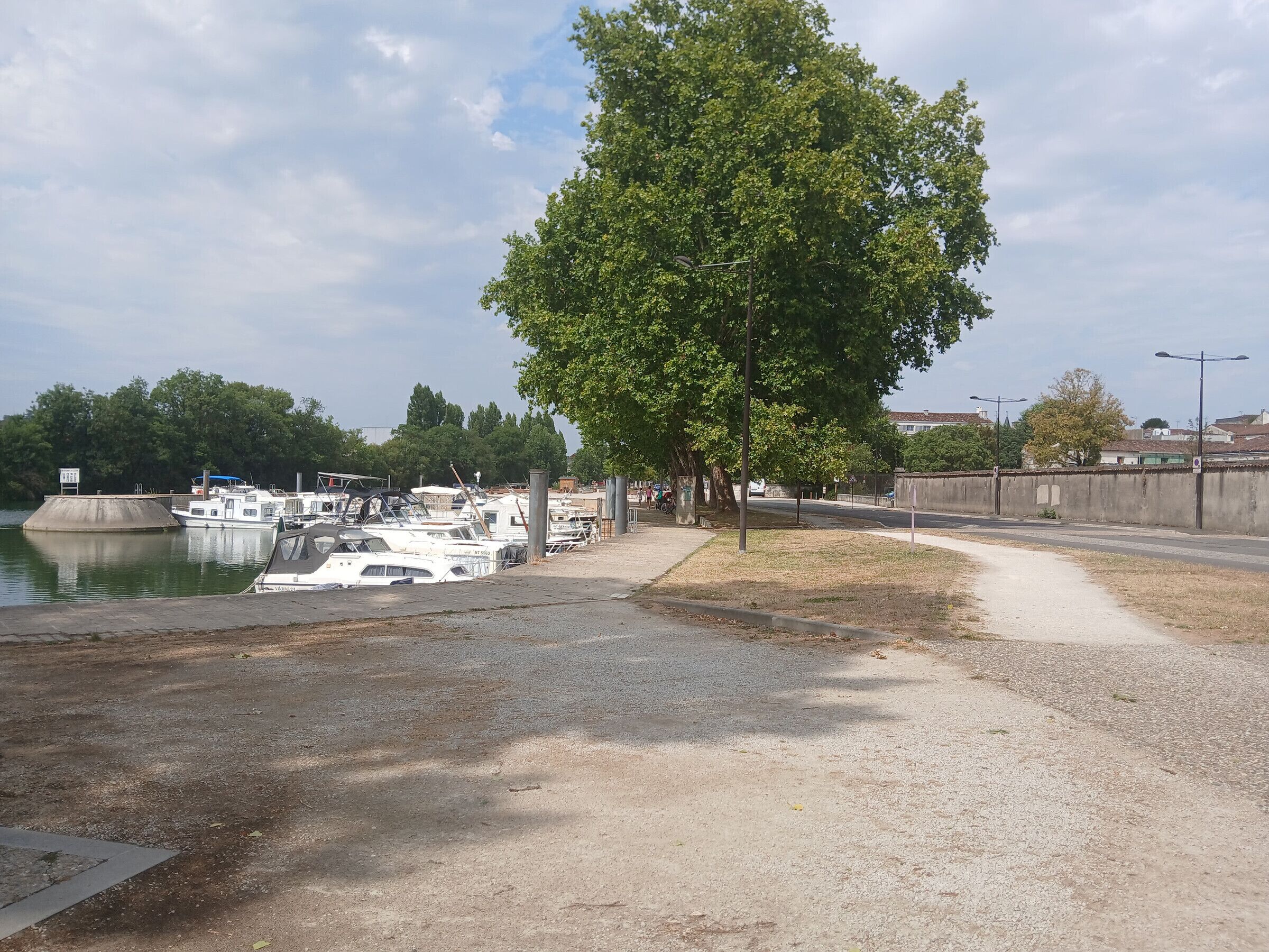 Una marina con imbarcazioni ormeggiate, un percorso pedonale e una zona alberata.