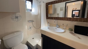 Ein Badezimmer mit Toilette, Dusche, Waschbecken und Spiegel.