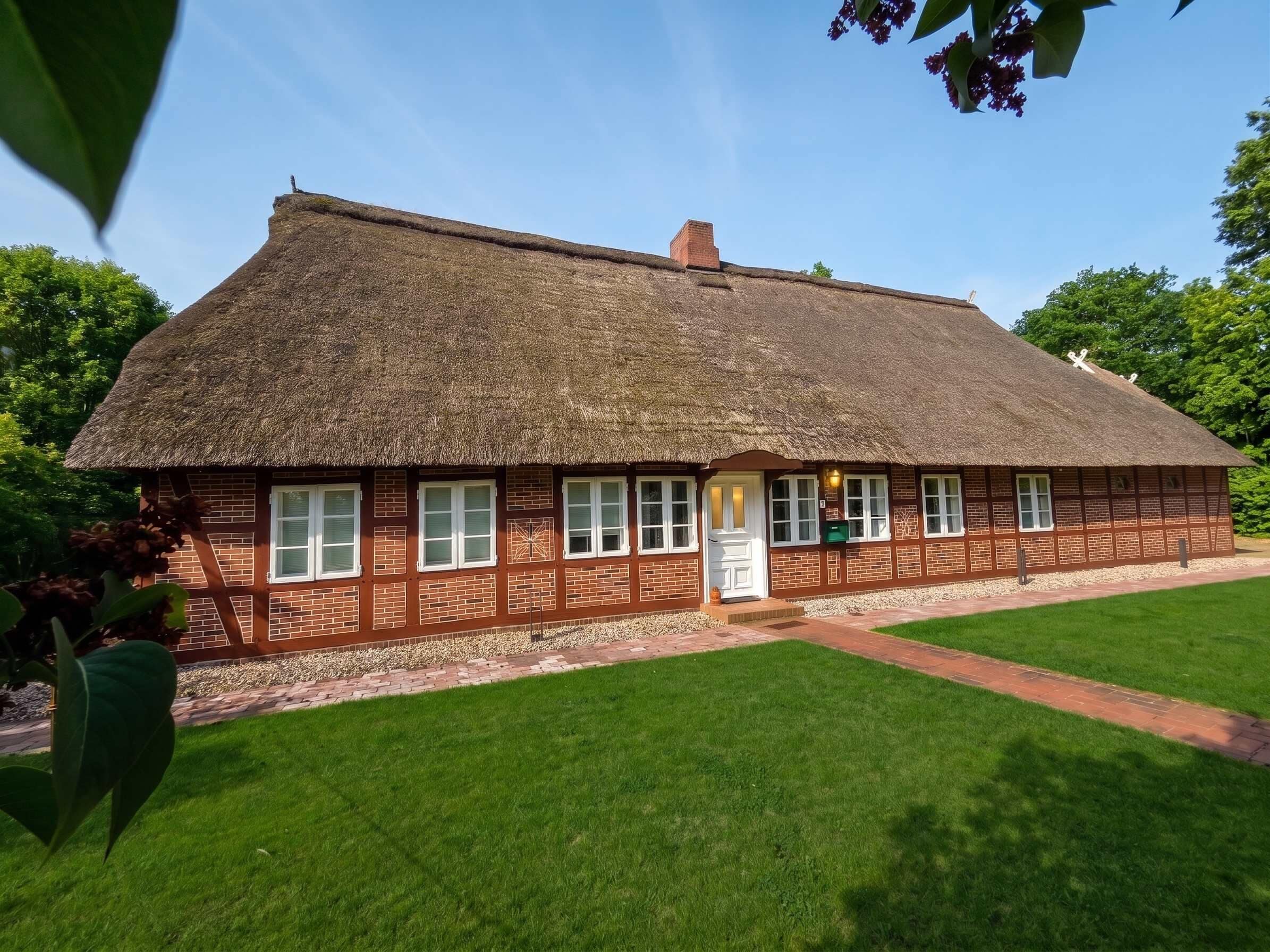 A thatched-roof building with a brick facade, a central door, and windows.