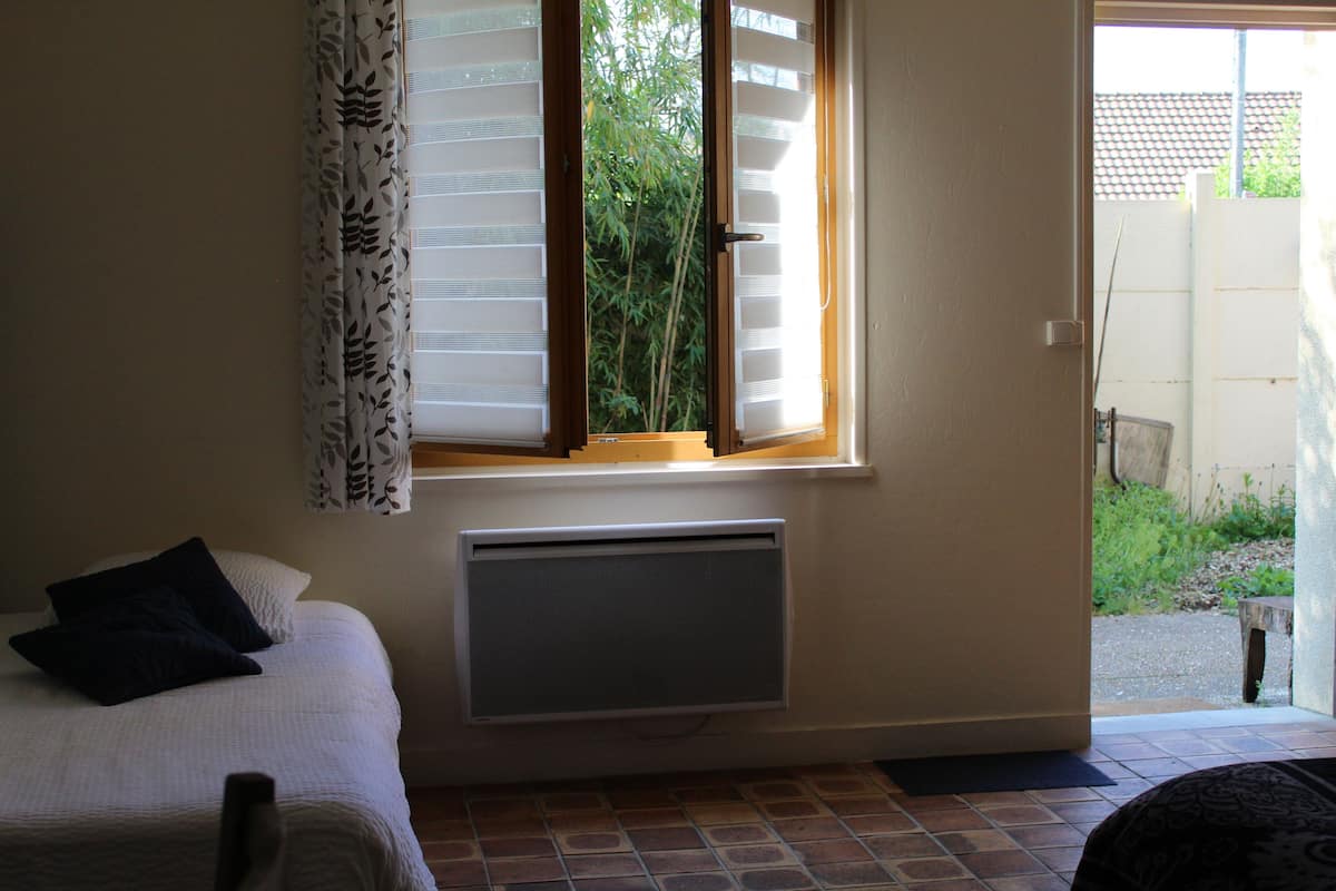 Habitación económica con 2 camas individuales, vista al patio | Tabla de planchar con plancha y ropa de cama 