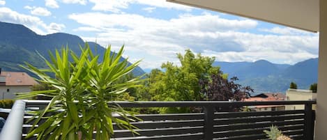 Un balcon avec vue sur les montagnes, une plante en pot et une table sur laquelle se trouve un panier de fruits.