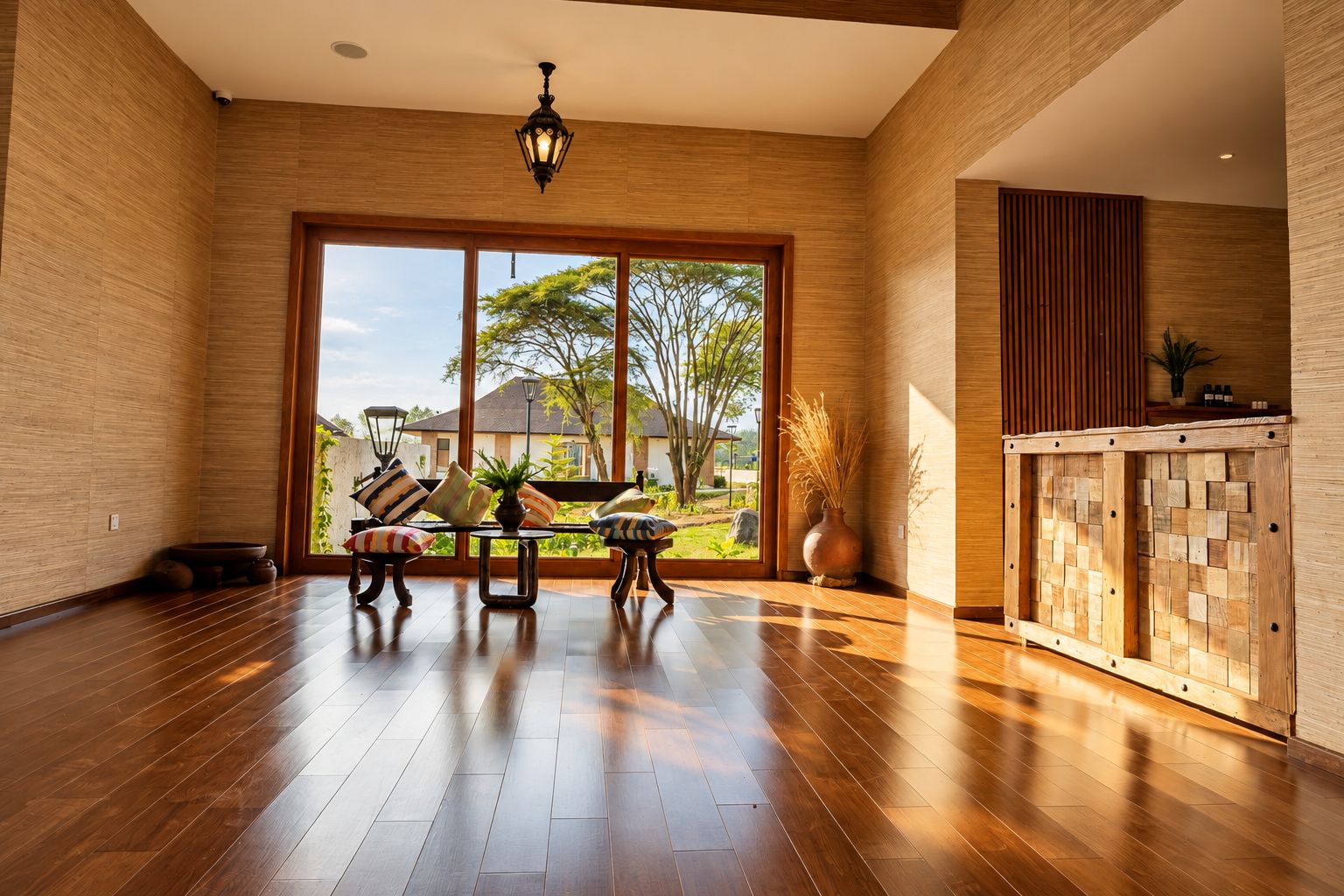 A spacious room with a large sliding glass door leading to a garden, a wooden floor, and a modern light fixture.