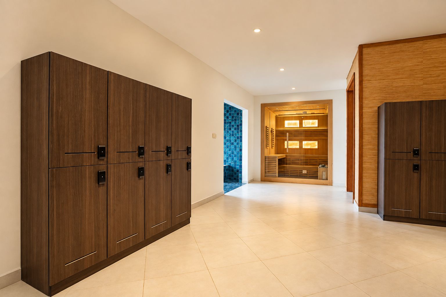 A modern hallway with wooden wardrobes and a sauna area.