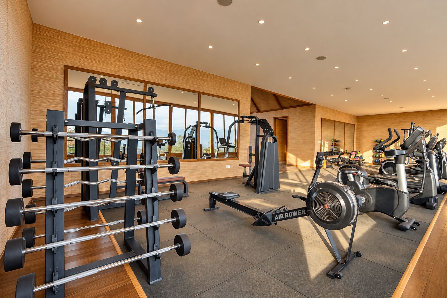 Un gimnasio con equipos de ejercicio variados, incluyendo una jaula para sentadillas, un remo en aire y cintas de correr.