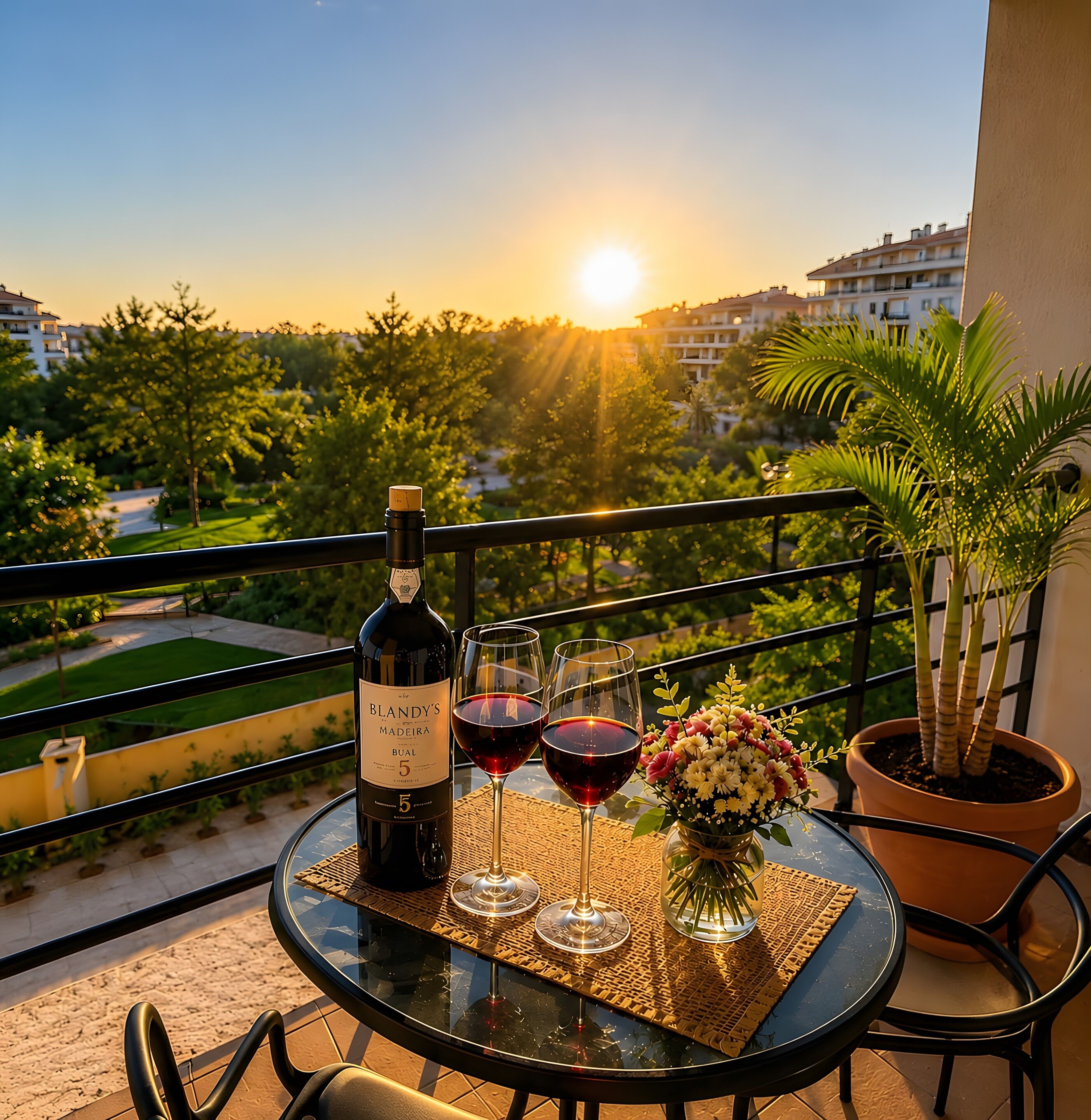A balcony with a table set for two, featuring a bottle of wine, two glasses, and a floral arrangement.