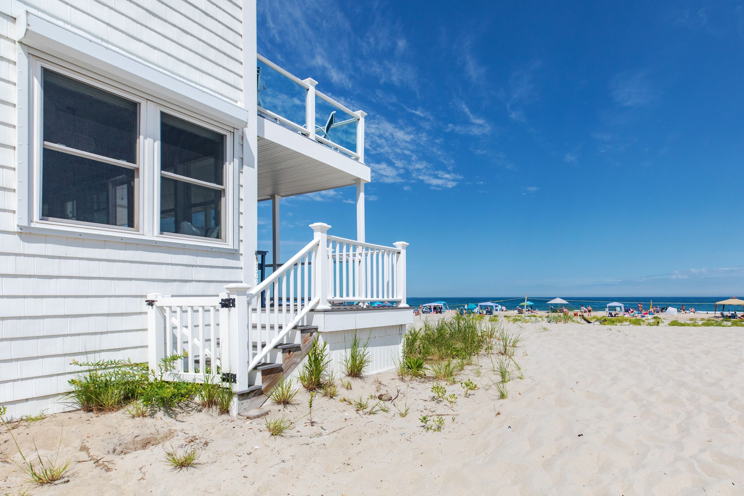 On the beach, sun-loungers, beach towels