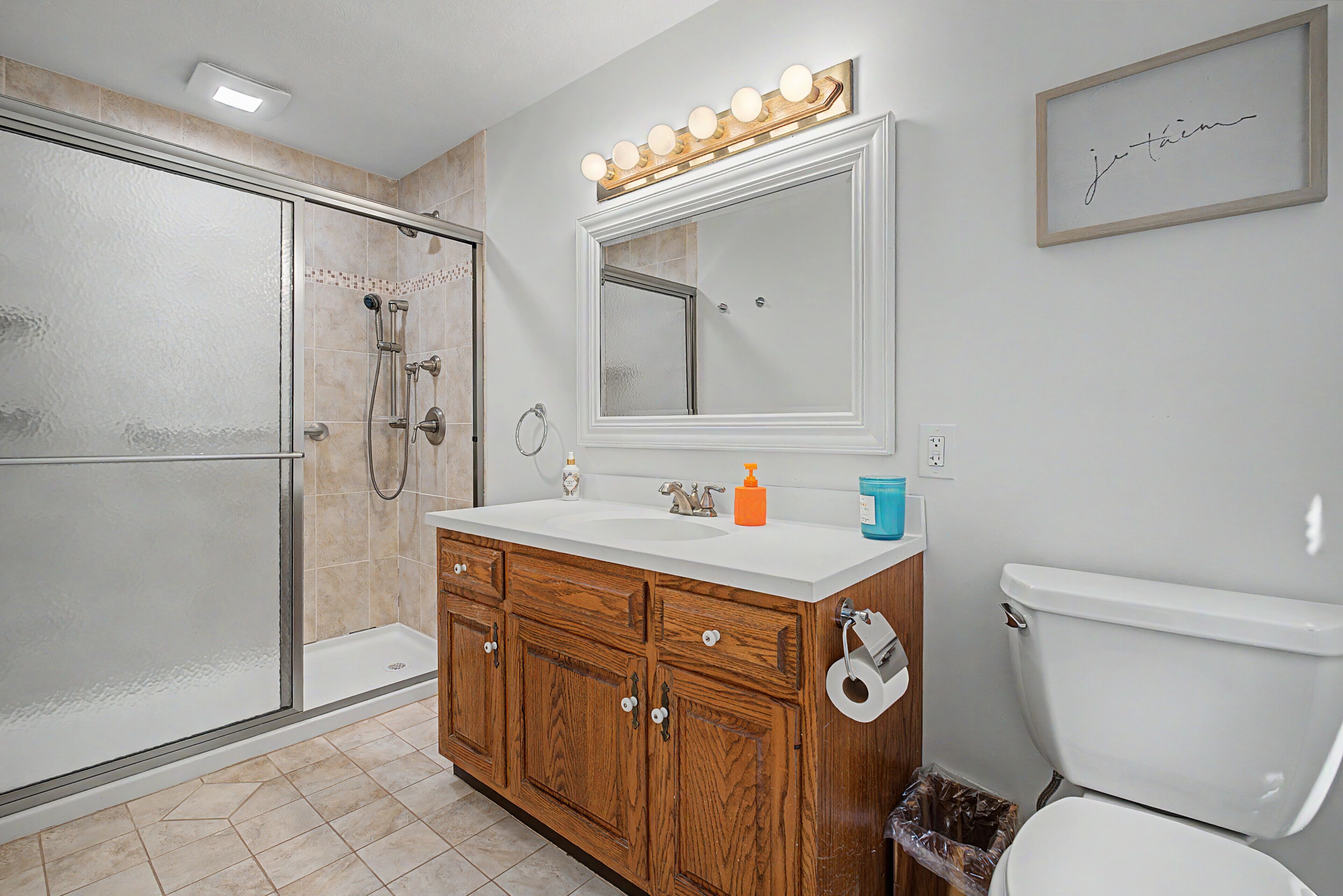 A bathroom with a glass-enclosed shower, a vanity with a mirror, and a toilet.