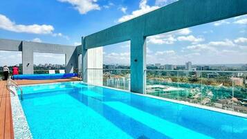 A rooftop infinity pool with a clear view of the city skyline.