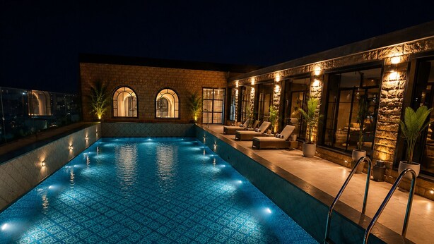 A swimming pool with a patterned floor, surrounded by lounge chairs and a stone wall.