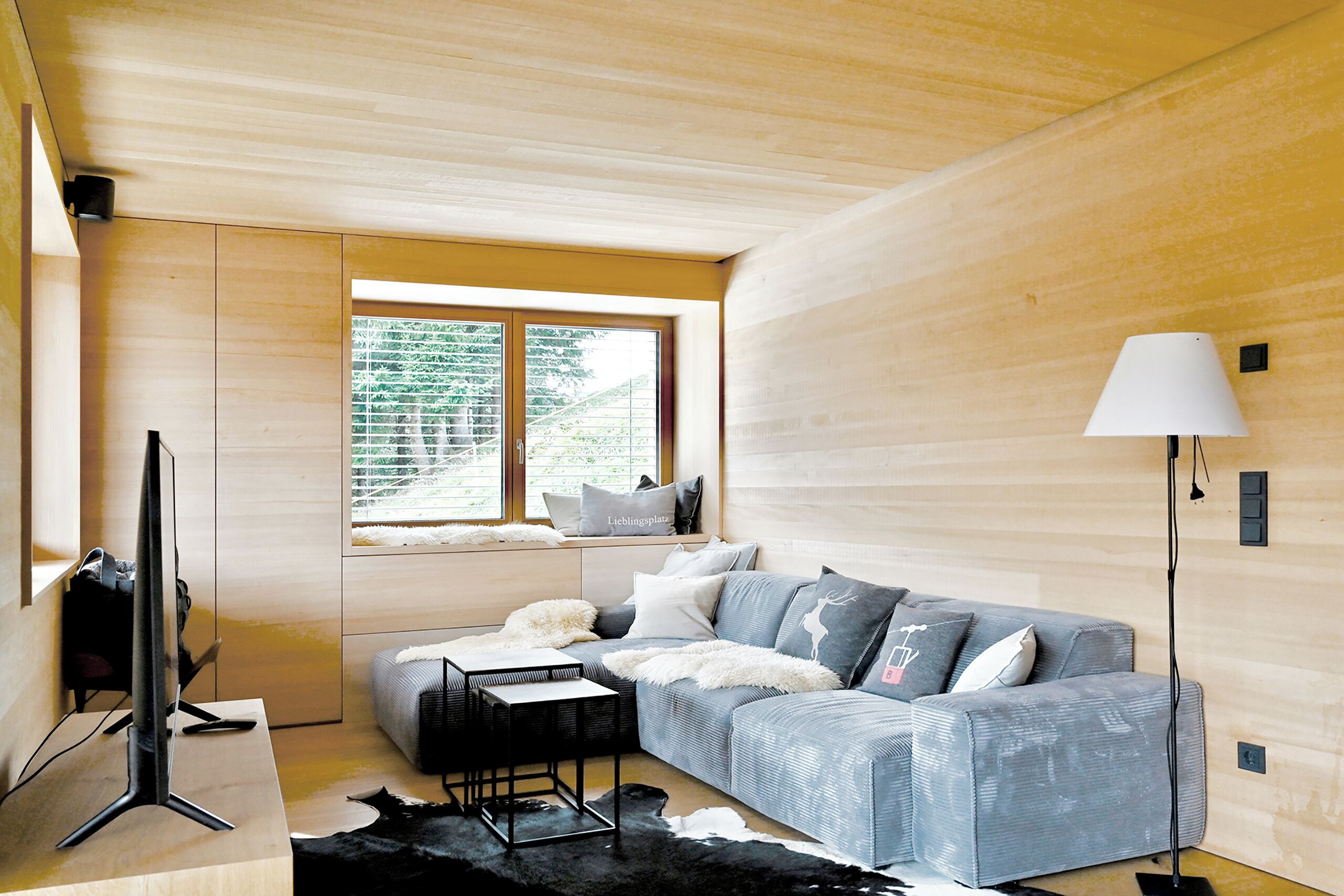 A modern living room with a sofa, a small table, and a TV.