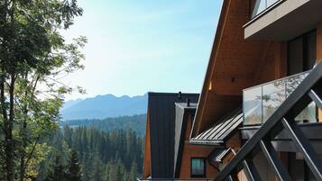 A modern building with a glass balcony overlooking a forested valley and mountains.
