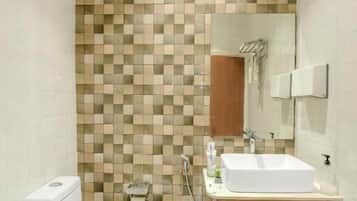 Shower, free toiletries, hair dryer, towels