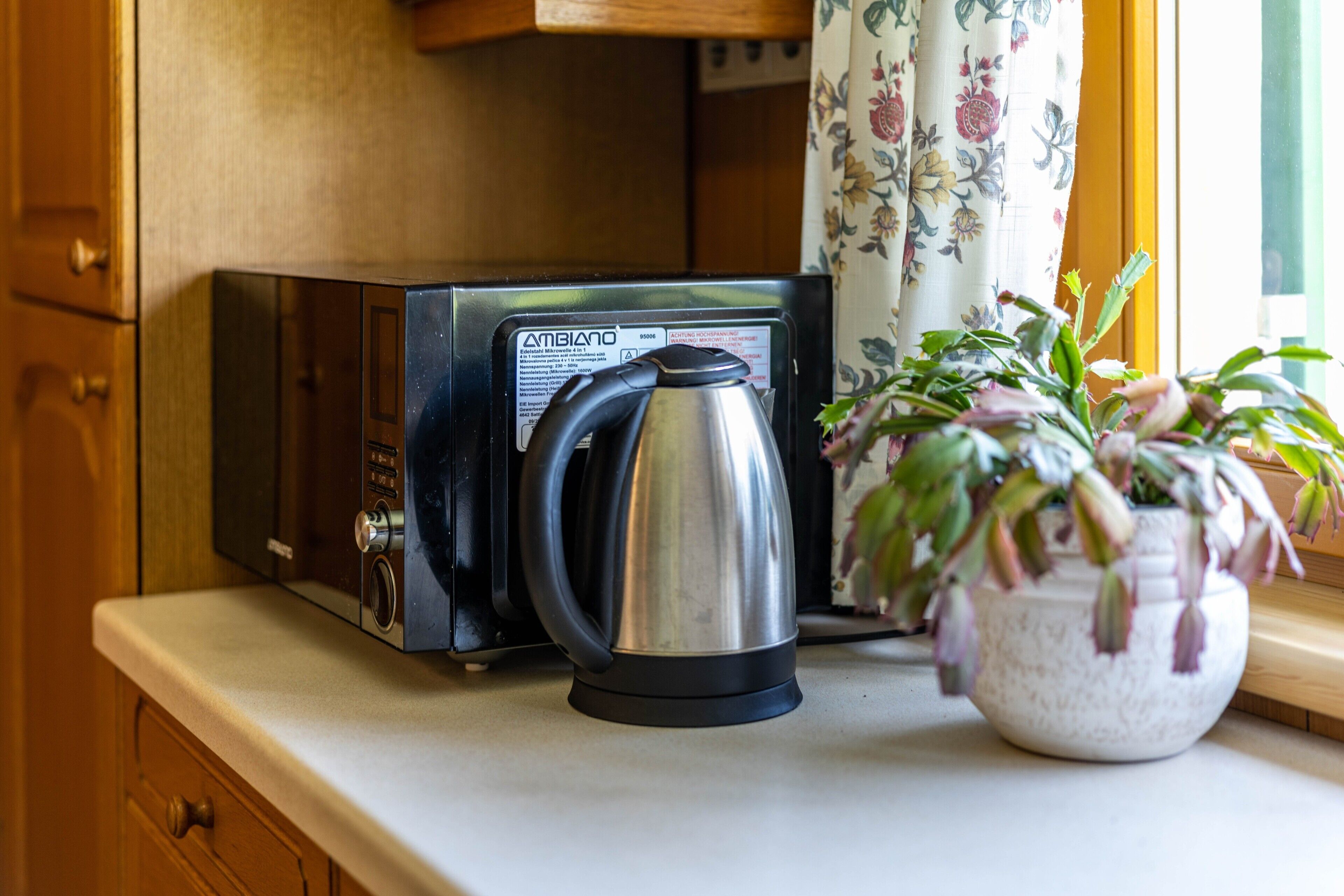 A kitchen with a microwave, a kettle, and a potted plant on the counter.