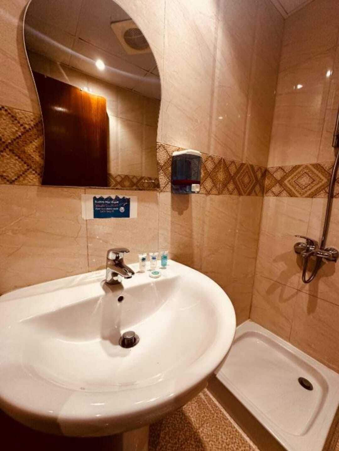 Un baño con lavamanos, espejo, ducha y toallero.