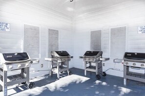 A room with three portable gas grills and a sign indicating they must be turned off when not in use. - Beach Resort Getaway | Private Beach Access | Sleeps 6 | Resort Pools (Destin)