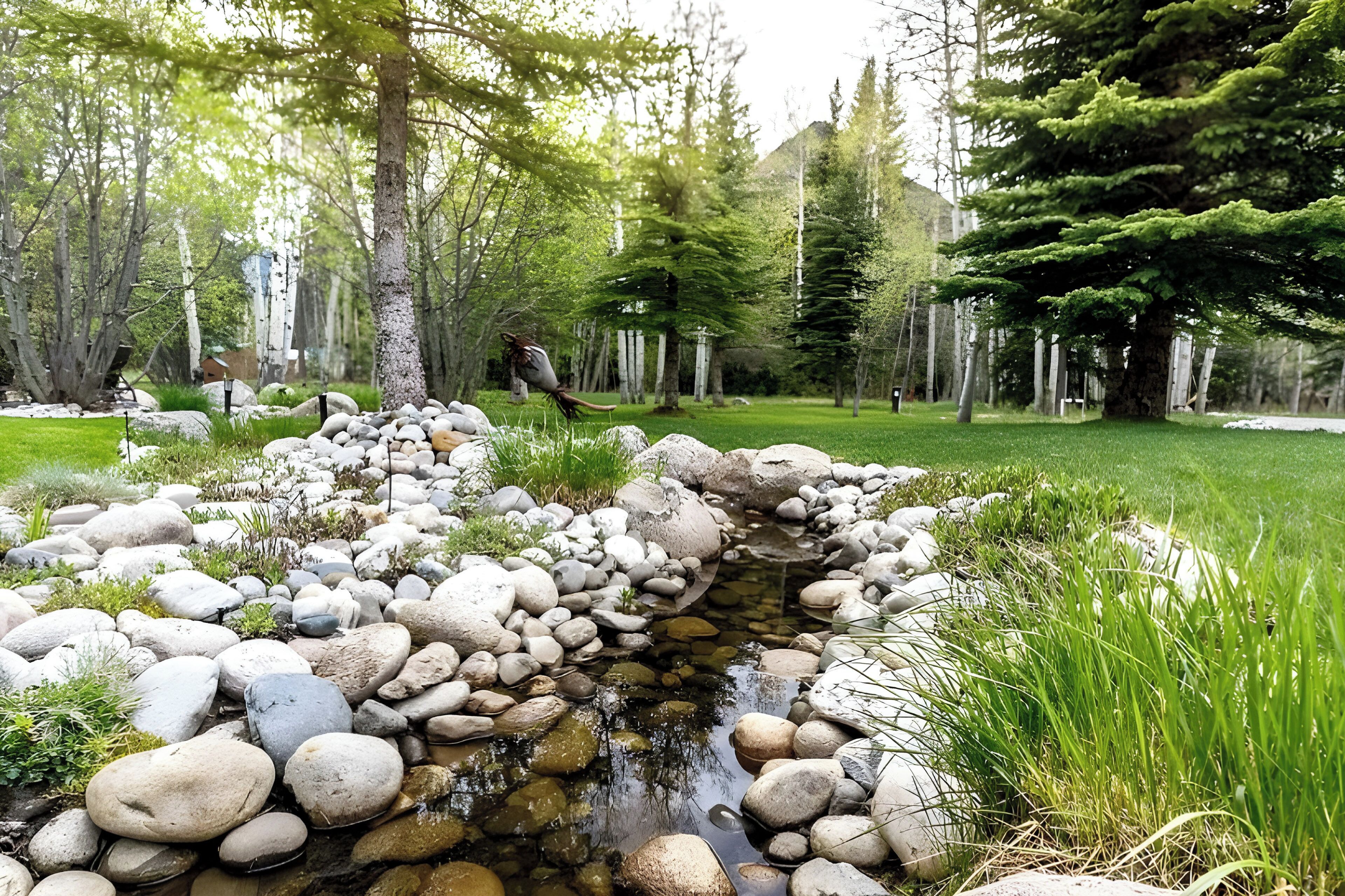 A natural landscape with a stream, rocks, and trees.