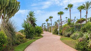 Un chemin pavé, bordé de différentes plantes et de palmiers, mène à un bâtiment dont le toit est recouvert de tuiles.