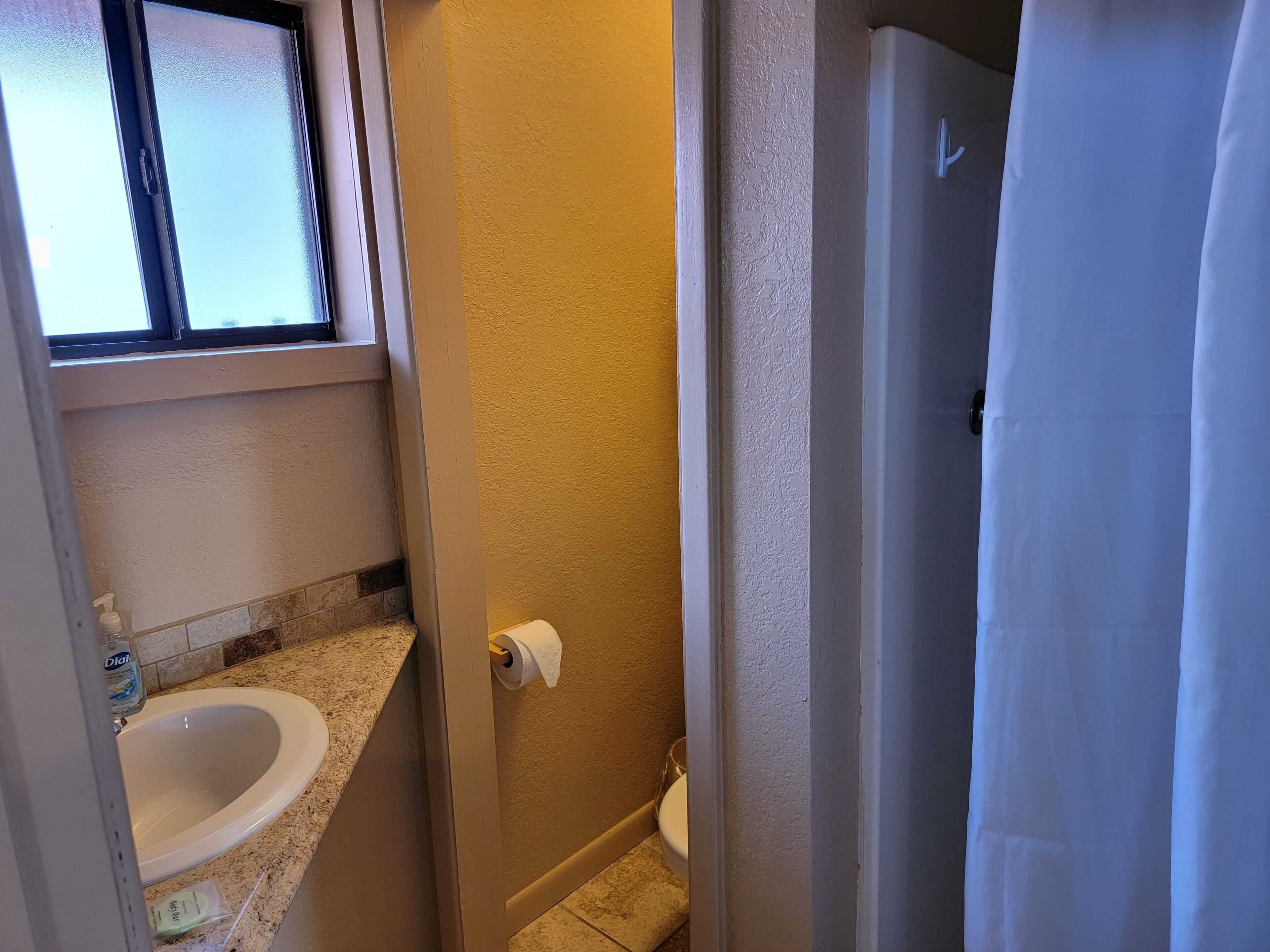 Une salle de bain équipée de toilettes, d’un lavabo et d’un rideau de douche.