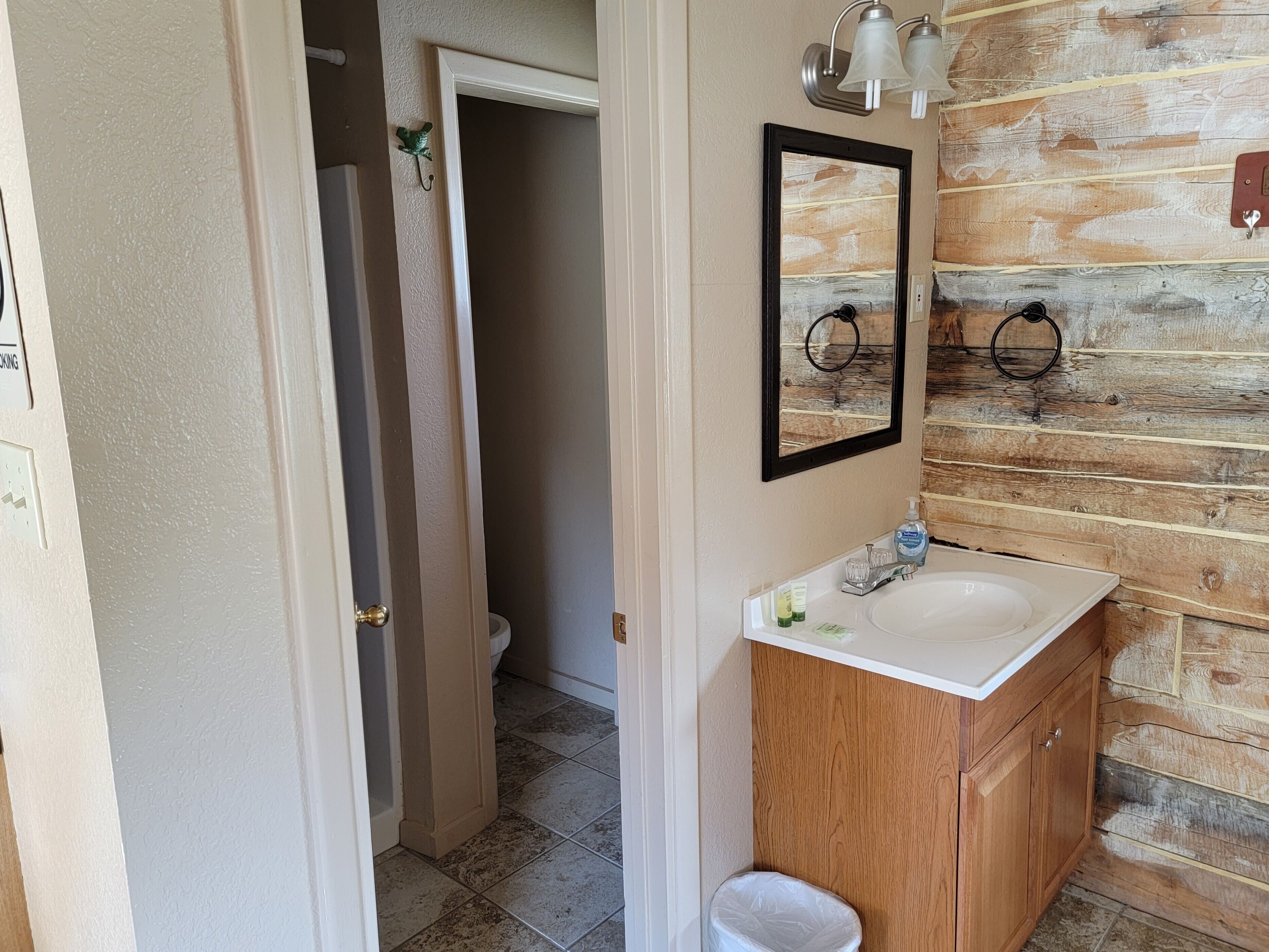 A bathroom with a wooden wall, a white sink, a mirror, and a toilet.