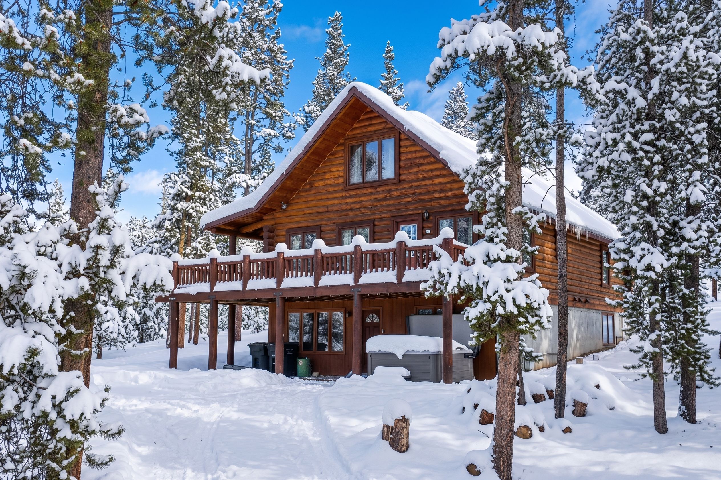 Une cabane en bois dotée d’un balcon, entourée d’arbres couverts de neige.