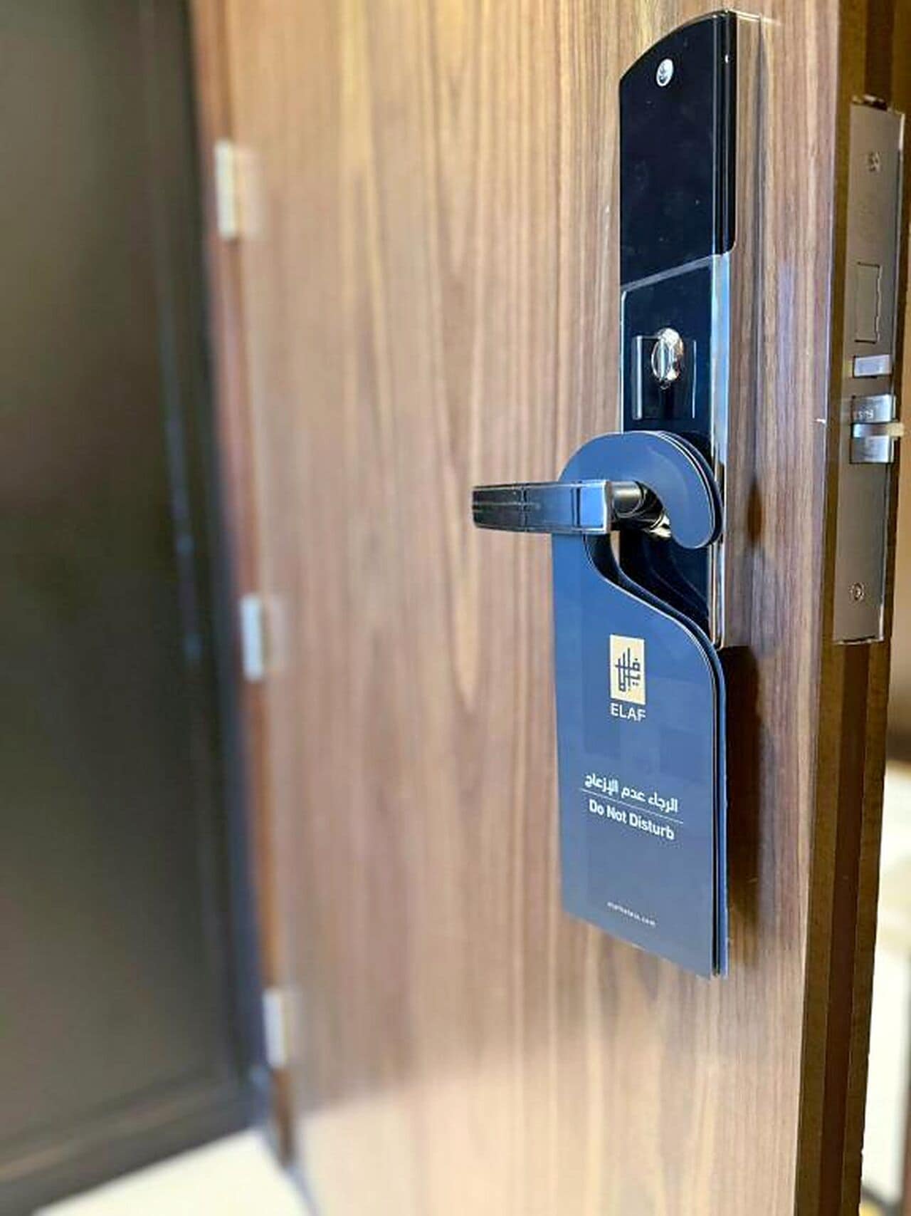 A door with a modern electronic lock and a sign indicating 'Do Not Disturb' in multiple languages.